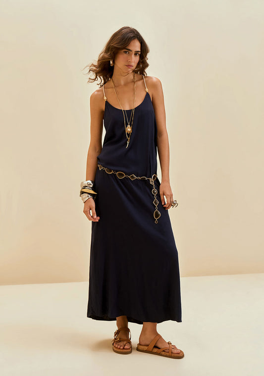 Vestido Morena Rosa Solto Cava Francesa Sem Manga Longo Azul Escuro