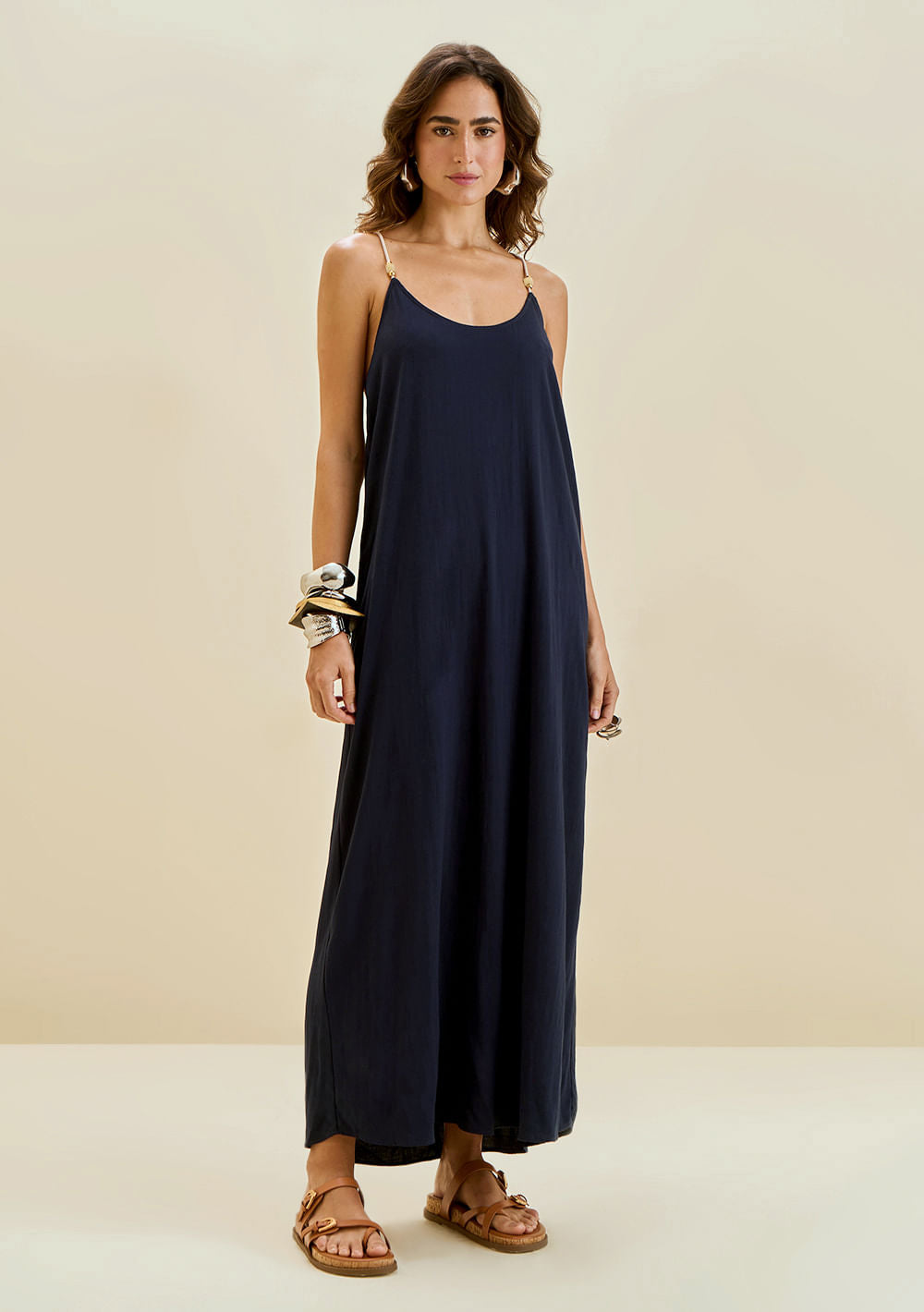Vestido Morena Rosa Solto Cava Francesa Sem Manga Longo Azul Escuro